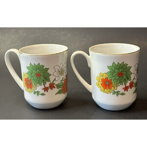 Vintage MCM by Creative Japan Coffee 2 Cups/Mugs Green Orange White Flowers